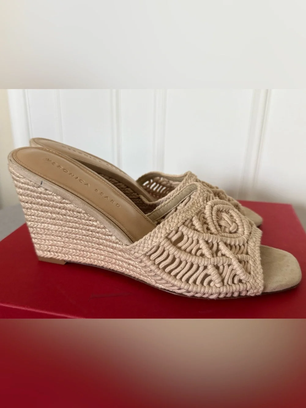 NEW Veronica Beard Natural Crochet Espadrille Wedge Mules Sz 9